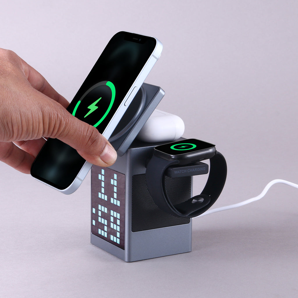 Pixel Dock - 5 in 1 Wireless Charger with Speaker and Clock